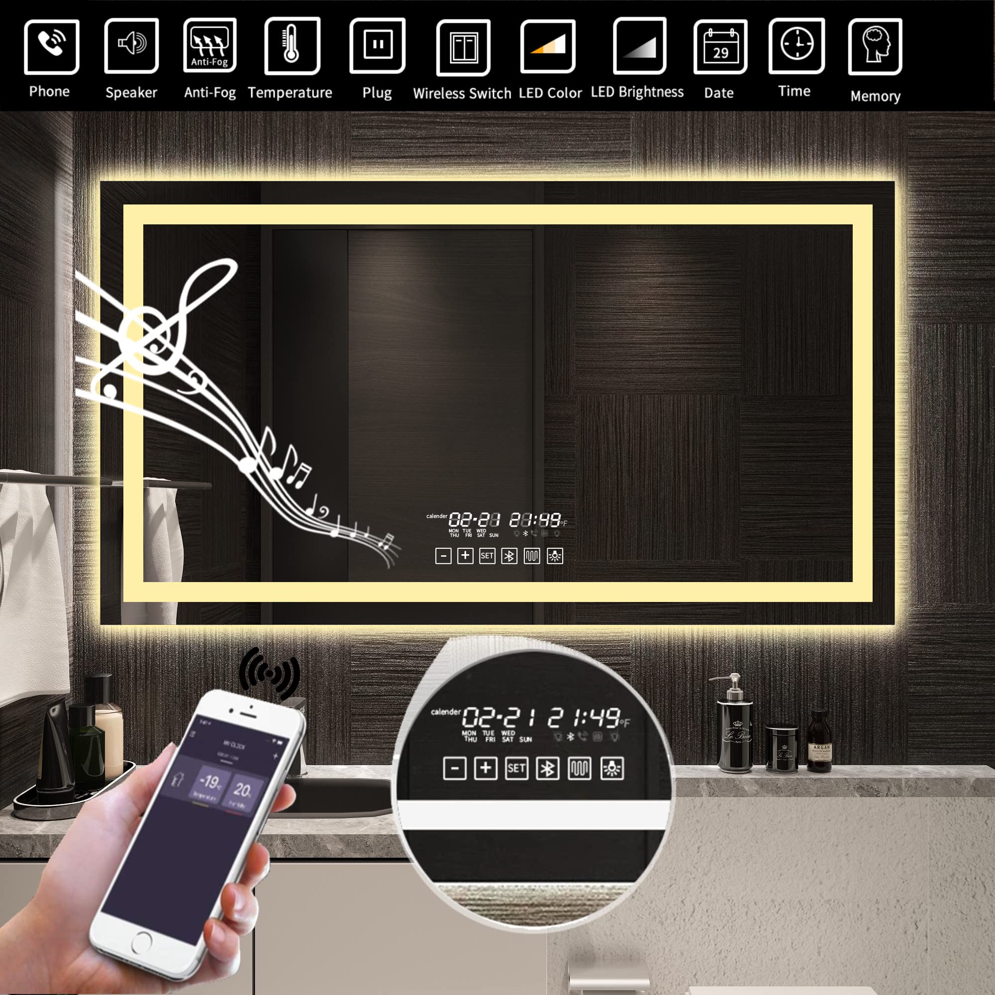 GESIPOR 60"x36" Bathroom LED Mirror with Wireless Speaker Wall Switch - Lighted Vanity Mirrors for Bathroom Wall Mounted Backlit, Dimmable Light 3000K/6000K Anti-Fog Makeup Smart Mirror (Horizontal)