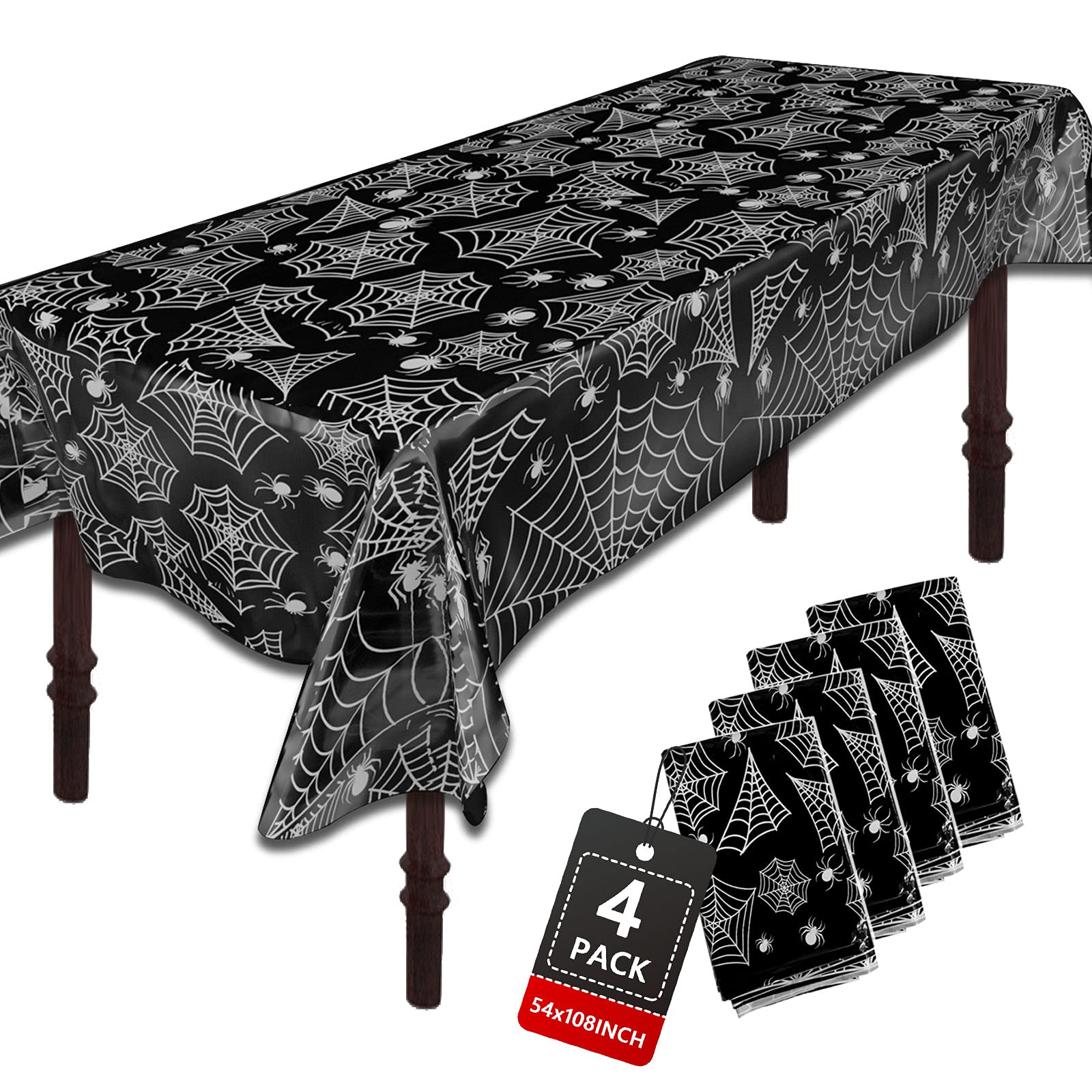 Halloween Tablecloth Plastic 4PACKS 54 X 108 Rectangular Black Spider Web Disposable Table Cover Waterproof Spillproof Table Cloth - Perfect for Halloween Decoration Halloween Dinner Halloween Party