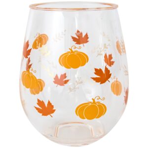 c.r. gibson qwg2o-24065 fall leaves and pumpkins acrylic stemless wineglass for thanksgiving and friendsgiving, 12 fl. oz.