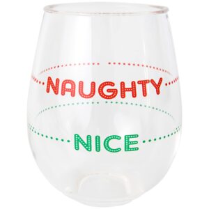 c.r. gibson qwg2o-22630 naughty or nice acrylic stemless wineglass for christmas parties and celebrations, 12 fl. oz.