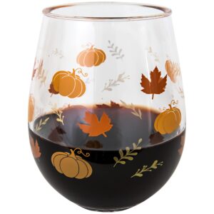 C.R. Gibson QWG2O-24065 Fall Leaves and Pumpkins Acrylic Stemless Wineglass for Thanksgiving and Friendsgiving, 12 fl. Oz.