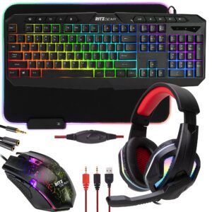ritz gear rgb gaming accessories kit | 4-in-1 rainbow led backlight bundle pc combo with multimedia keyboard, optical mouse, mouse pad & headset w/adapter | for windows 7+ desktop, laptop, xbox & ps4
