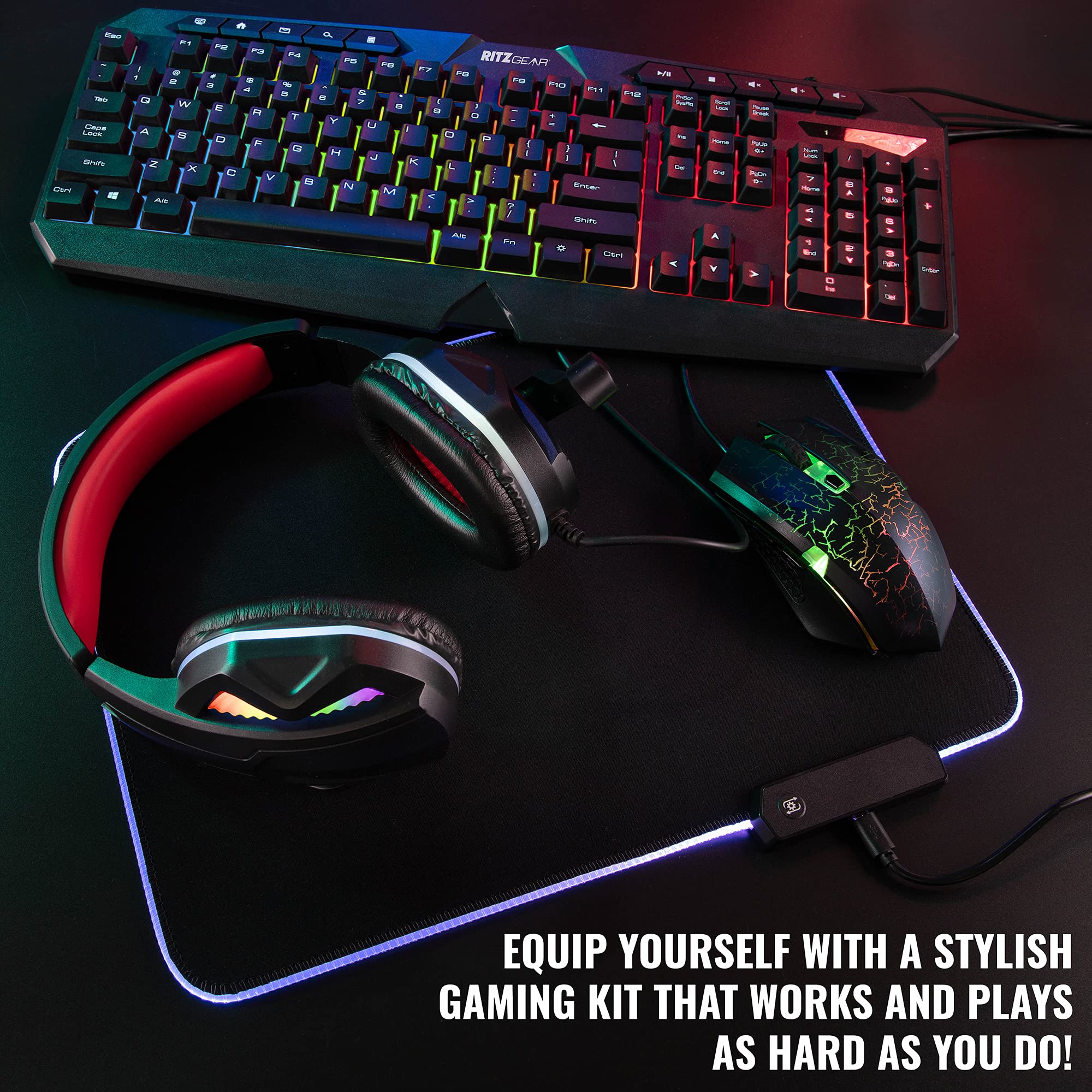 Ritz Gear RGB Gaming Accessories Kit | 4-in-1 Rainbow LED Backlight Bundle PC Combo with Multimedia Keyboard, Optical Mouse, Mouse Pad & Headset w/Adapter | for Windows 7+ Desktop, Laptop, Xbox & PS4