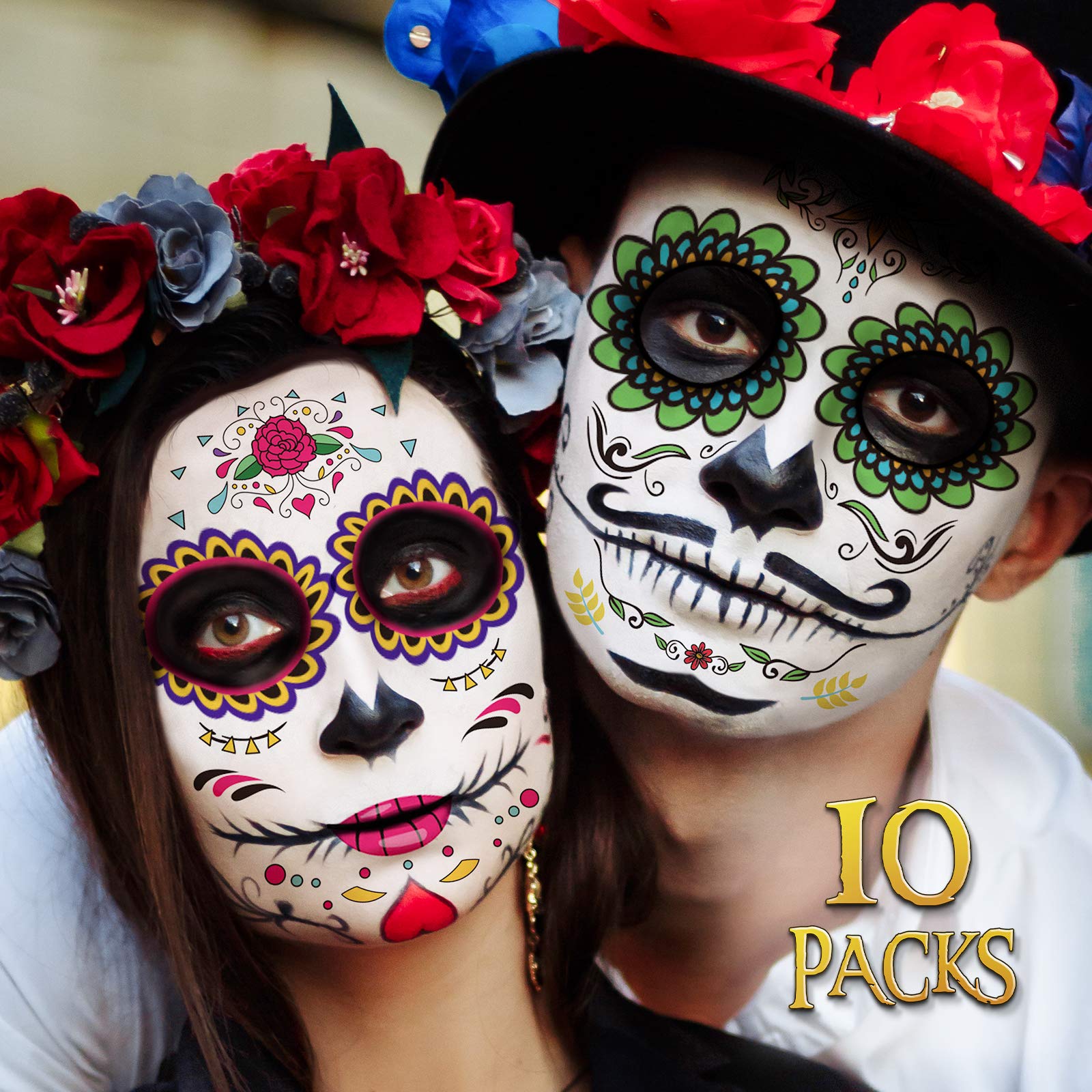 Day of the Dead Face Tattoos - 10 Pack Día de Los Muertos Temporary Face Sticker Kit Halloween Decorations Sugar Skull Costume Makeup Decor Glitter Red Roses Skeleton Full Face Mask Tattoos Temporary