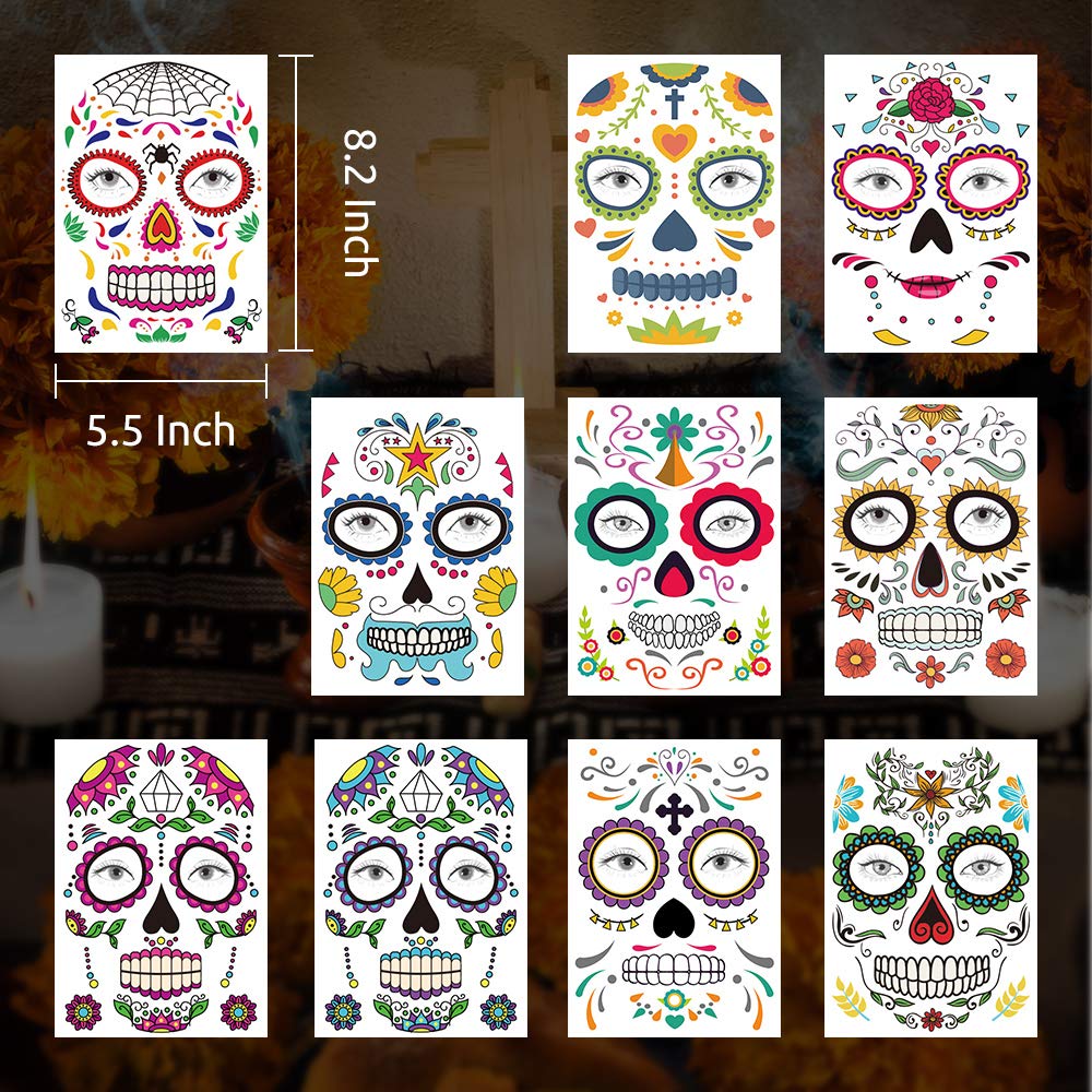 Day of the Dead Face Tattoos - 10 Pack Día de Los Muertos Temporary Face Sticker Kit Halloween Decorations Sugar Skull Costume Makeup Decor Glitter Red Roses Skeleton Full Face Mask Tattoos Temporary