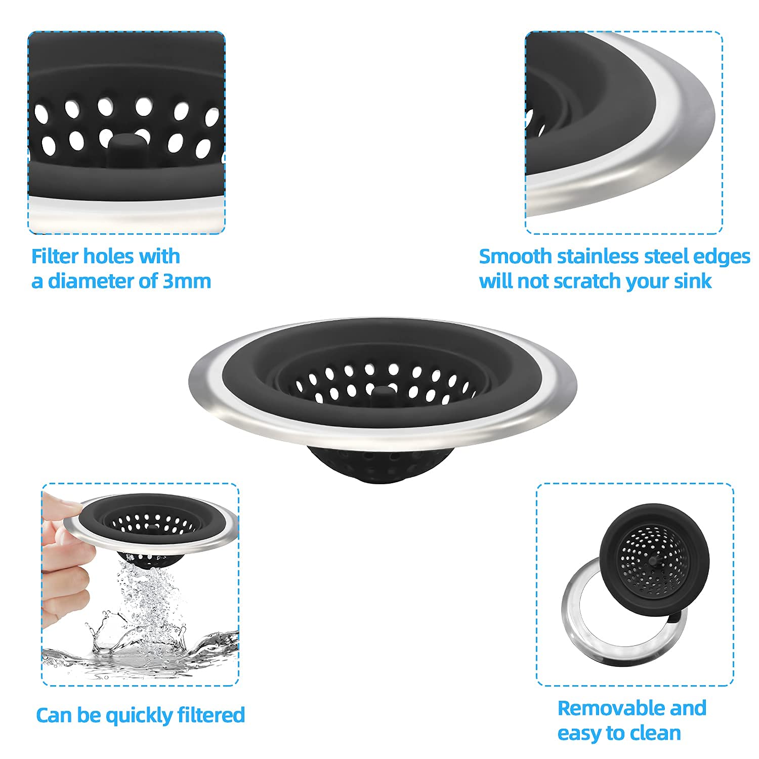 Stainless Silicone Kitchen Set of 2 Sink Strainer, Flexible Silicone Kitchen Sink Drainers, Large Wide Rim 4.5 inch Diameter