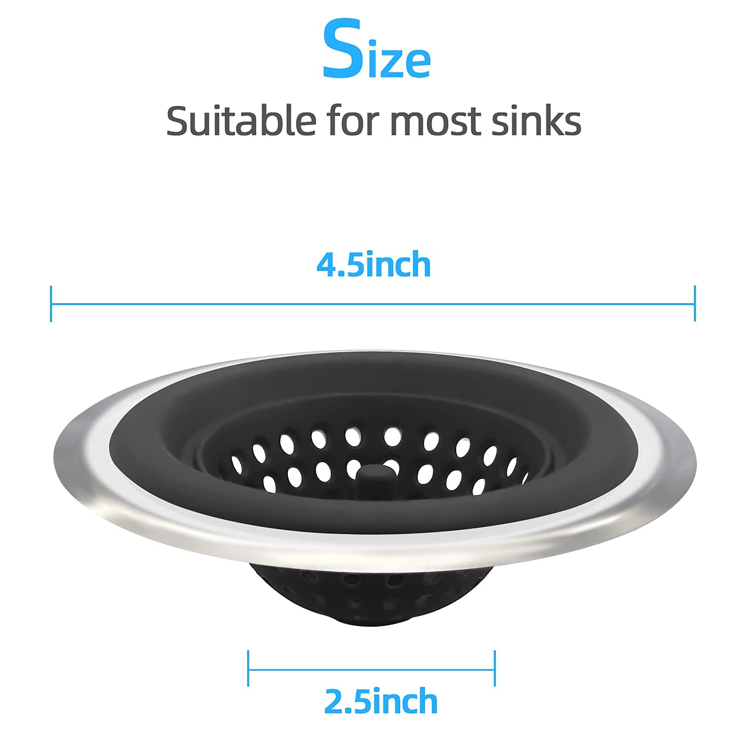 Stainless Silicone Kitchen Set of 2 Sink Strainer, Flexible Silicone Kitchen Sink Drainers, Large Wide Rim 4.5 inch Diameter