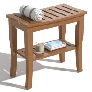 bamboo shower bench with shelf-waterproof wood shower stool for inside shower spa sauna(walnut)