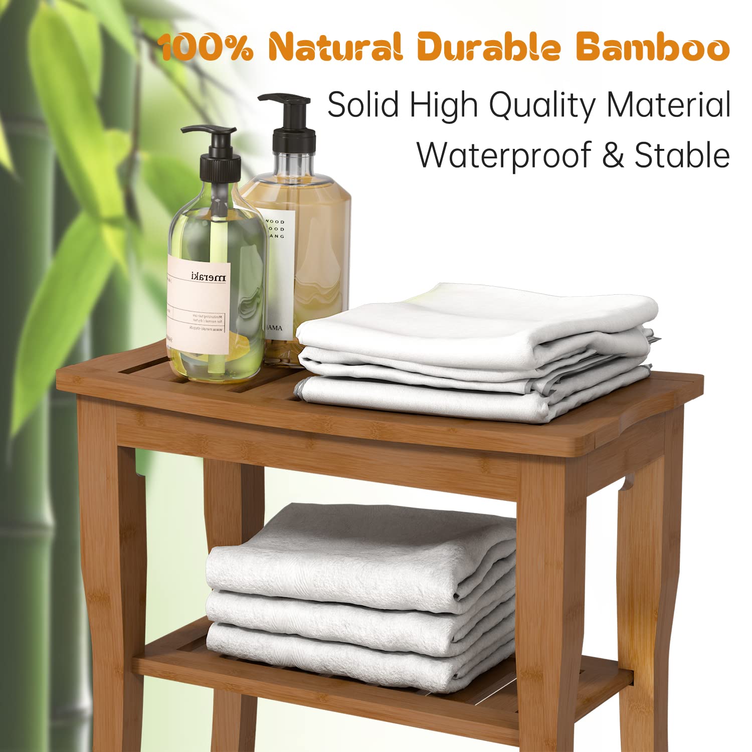 Bamboo Shower Bench with Shelf-Waterproof Wood Shower Stool for Inside Shower Spa Sauna(Walnut)