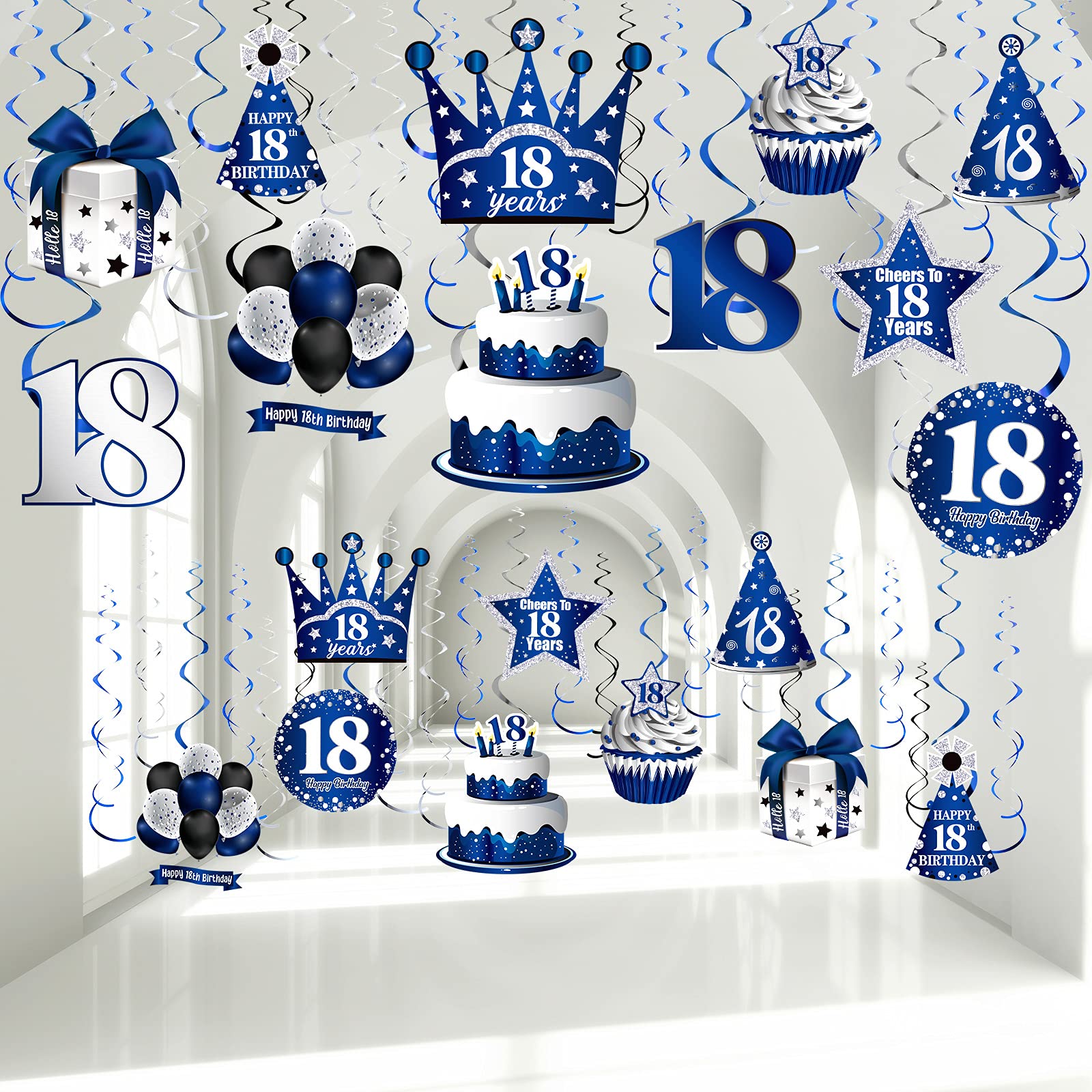 30 Pieces Happy 18th Birthday Party Hanging Swirls Decorations, Navy Blue Silver Black 18th Birthday Foil Swirls Ceiling Decor for Boy Men Cheers to 18 Years Birthday Anniversary Decorations Supplies