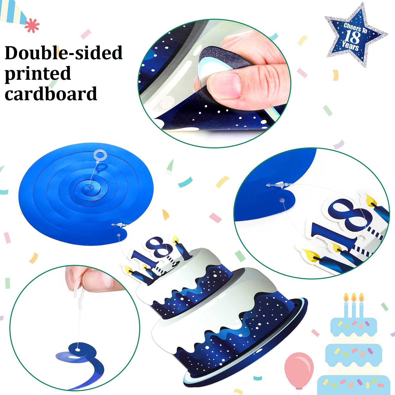 30 Pieces Happy 18th Birthday Party Hanging Swirls Decorations, Navy Blue Silver Black 18th Birthday Foil Swirls Ceiling Decor for Boy Men Cheers to 18 Years Birthday Anniversary Decorations Supplies