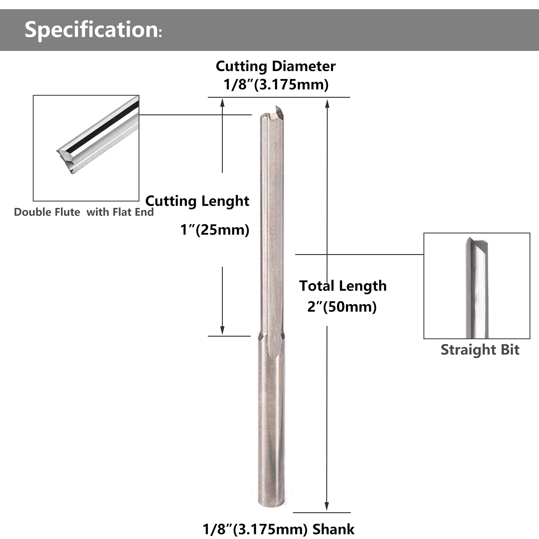 Yakamoz 10Pcs 1/8-Inch Shank Long Straight Router Bits CNC End Mill Bit Set with 1" Cutting Length Flush Trim Router Wood Cutter Woodworking Milling Tool