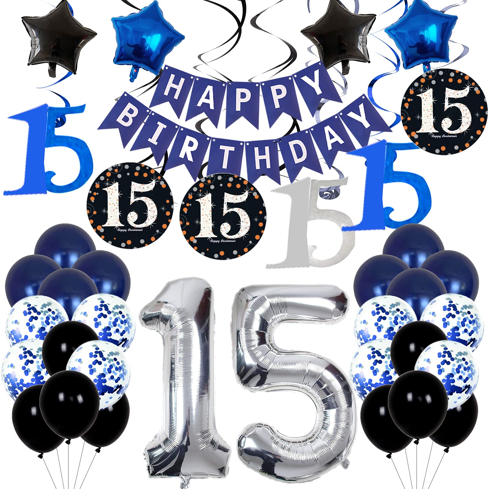 15th Birthday Decorations for Boys Girls Blue Birthday Decorations For Teenager Kids Party Supplies Including HAPPY BIRTHDAY Banner Balloons for Birthday Party Decor 15 Years Old Birthday Party