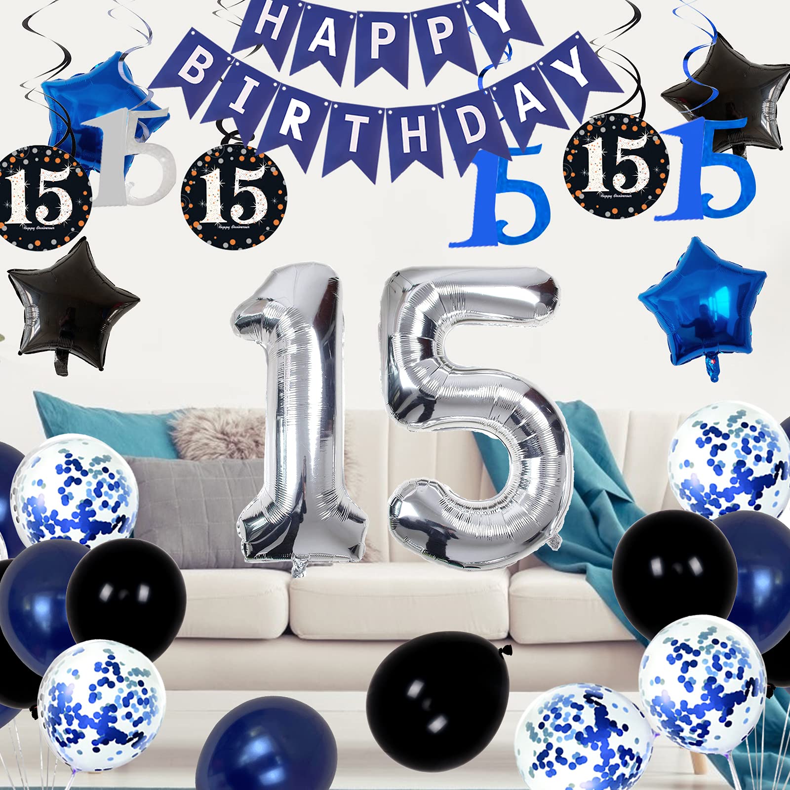 15th Birthday Decorations for Boys Girls Blue Birthday Decorations For Teenager Kids Party Supplies Including HAPPY BIRTHDAY Banner Balloons for Birthday Party Decor 15 Years Old Birthday Party