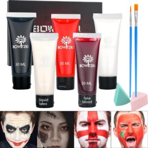 bowitzki cream face paint halloween makeup kit water based liquid latex fake blood brush sponges body painting special effects sfx zombie vampire monster christmas party red black white(halloween kit)