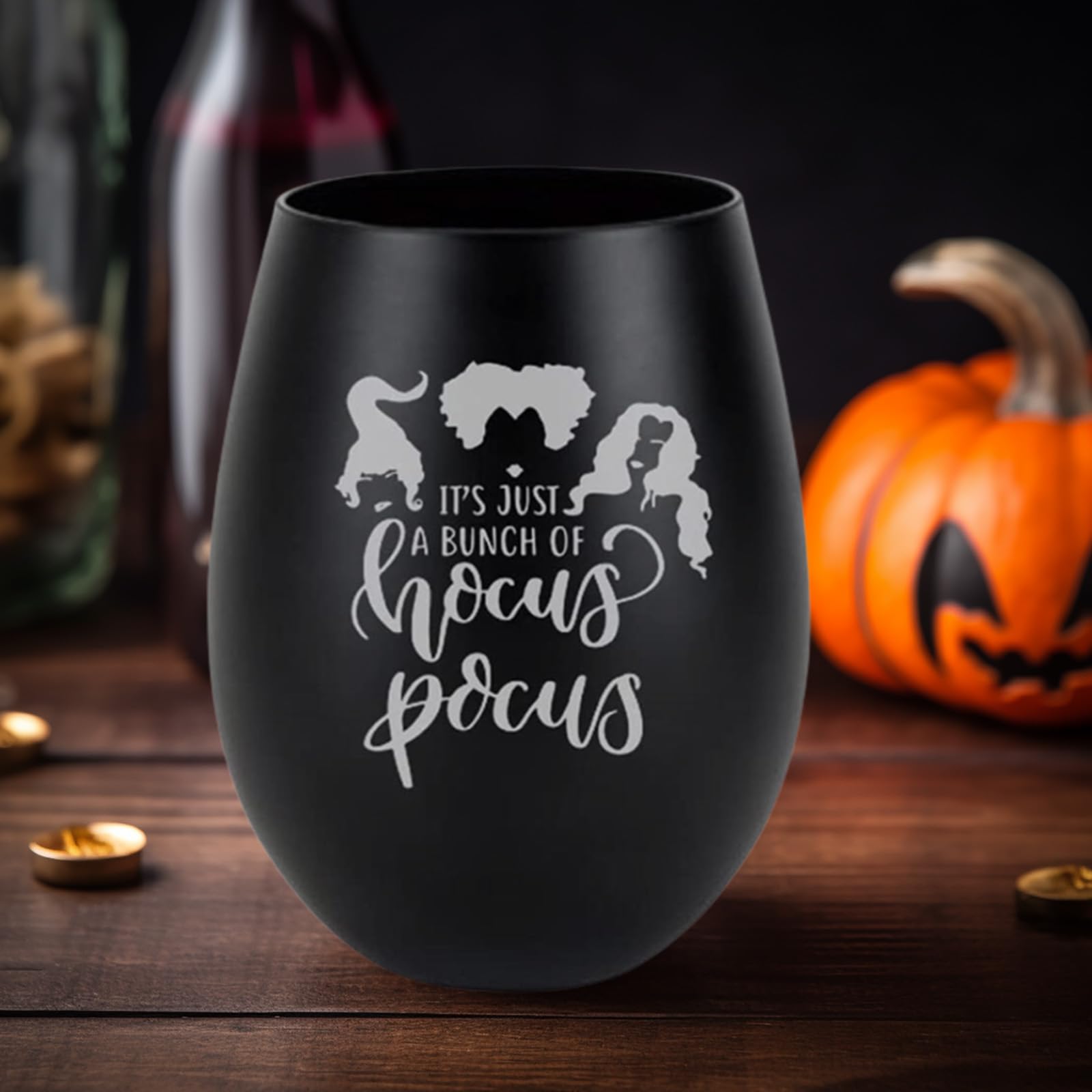 Etchpress Halloween Wine Glass, It's Just a Bunch of Hocus Pocus Black Engraved Wine Glass Birthday Gifts for Horror Films Lover