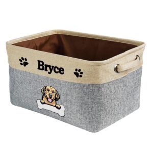 malihong personalized foldable storage basket with cute dog golden retriever collapsible sturdy fabric bone pet toys storage bin cube with handles for organizing shelf home closet, grey and white