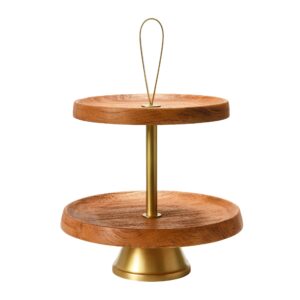 creative co-op elegant modern 2, cake stand or desert serve ware tower, natural & gold tiered tray, natural and gold