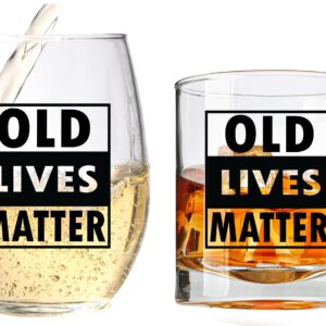 COOL AF Old Lives Matter Wine and Whiskey Glass Gift Set For Men and Women - His and Hers Gift for Anniversary, Birthday, Retirement - Great Gift for Married Couples Grandma and Grandpa, Dad and Mom