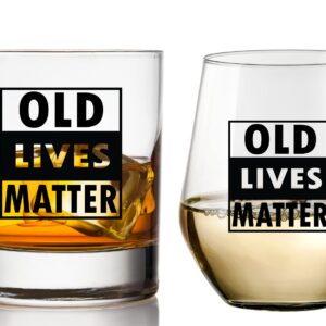 COOL AF Old Lives Matter Wine and Whiskey Glass Gift Set For Men and Women - His and Hers Gift for Anniversary, Birthday, Retirement - Great Gift for Married Couples Grandma and Grandpa, Dad and Mom