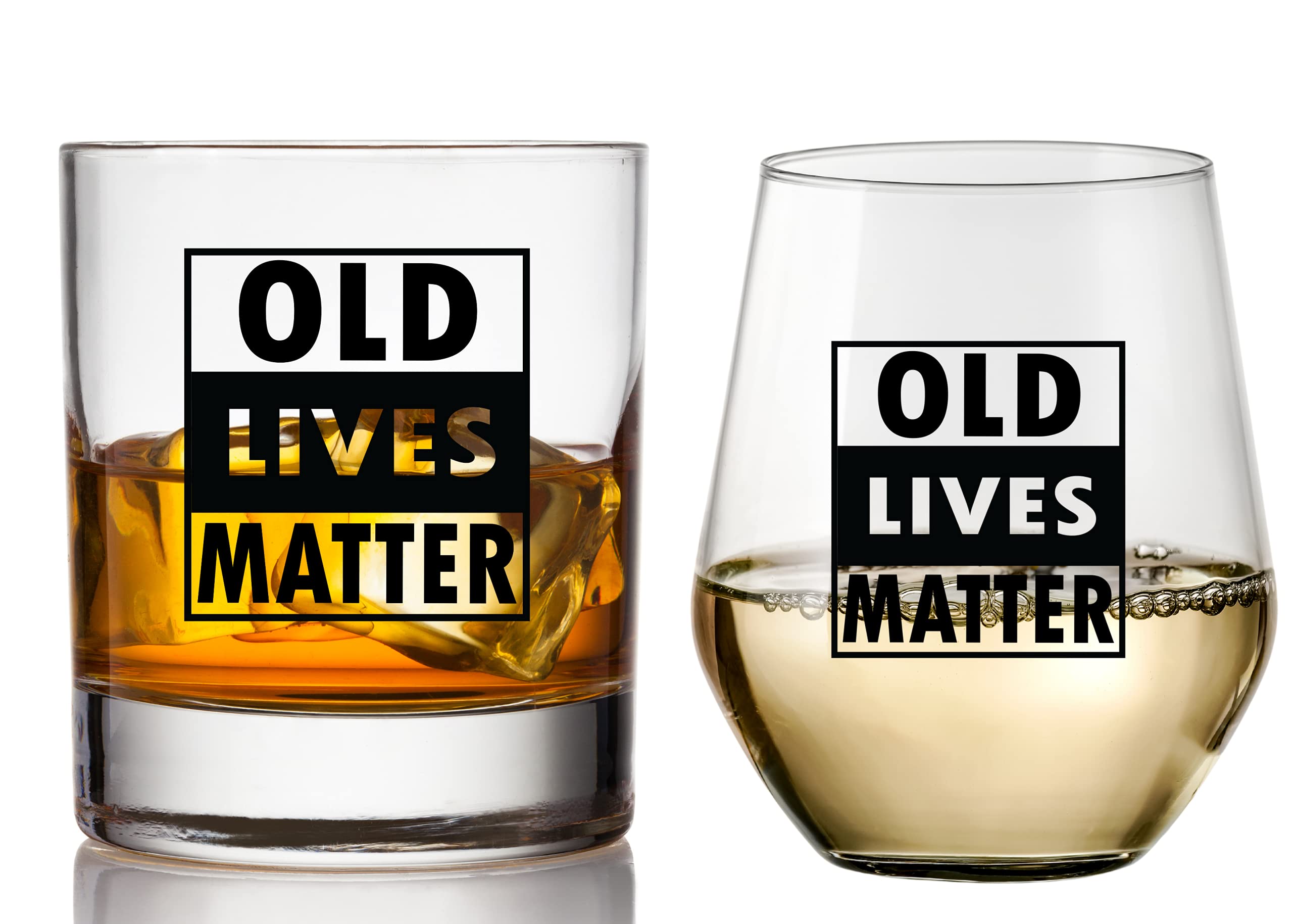 COOL AF Old Lives Matter Wine and Whiskey Glass Gift Set For Men and Women - His and Hers Gift for Anniversary, Birthday, Retirement - Great Gift for Married Couples Grandma and Grandpa, Dad and Mom