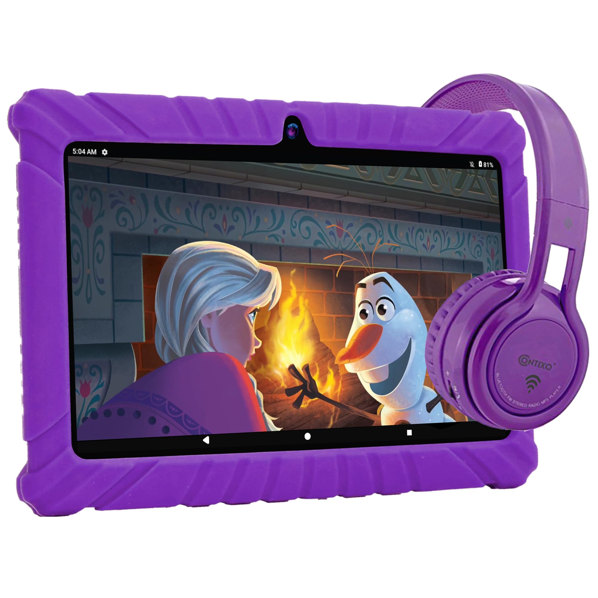 Contixo Kids Tablet Bundle V8, 7-inch HD, Ages 3-7 Toddler Learning Tablet with Camera, WiFi, Parental Control & Kid Safe Bluetooth On The Ear Headphones Bundle Purple, Perfect for Back to School