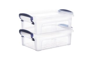 superio mini storage bins with lids, clear plastic containers for organizing, stackable totes, bpa free, non toxic, odor free, organizer boxes for home, office, and dorm, 1.25 qt, 2 pack