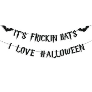 cavla glitter it's frickin bats i love halloween banner black glittery halloween garland banner with bat signs happy halloween party decorations for haunted houses home wall fireplace party supplies