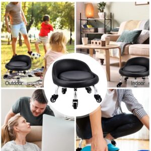 Lanstics Low Roller Seat Stools on Wheels Chair Leather Cushion Roller Seats with Back Rest Small 360 Rotating Rolling Stool Seats for Home Office Fitness Round Rolling Seat (Black)