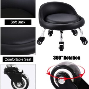 Lanstics Low Roller Seat Stools on Wheels Chair Leather Cushion Roller Seats with Back Rest Small 360 Rotating Rolling Stool Seats for Home Office Fitness Round Rolling Seat (Black)