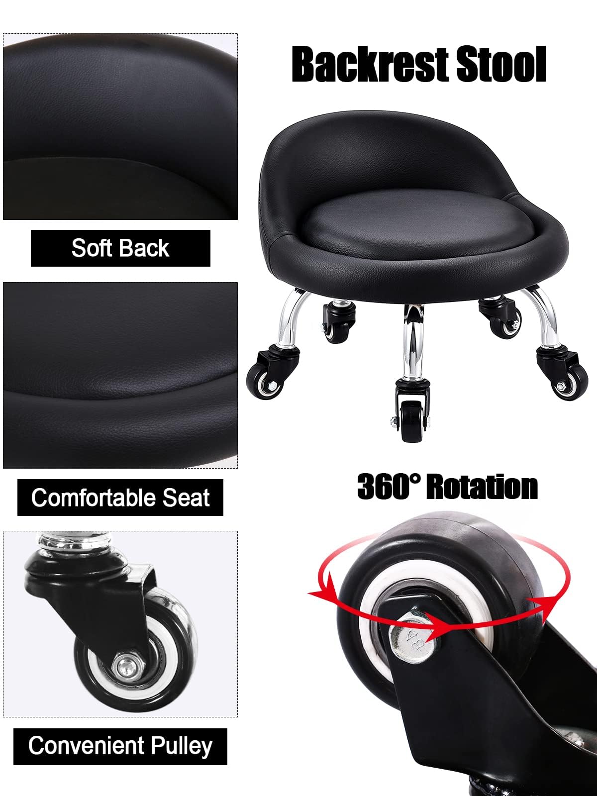Lanstics Low Roller Seat Stools on Wheels Chair Leather Cushion Roller Seats with Back Rest Small 360 Rotating Rolling Stool Seats for Home Office Fitness Round Rolling Seat (Black)