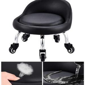 Lanstics Low Roller Seat Stools on Wheels Chair Leather Cushion Roller Seats with Back Rest Small 360 Rotating Rolling Stool Seats for Home Office Fitness Round Rolling Seat (Black)