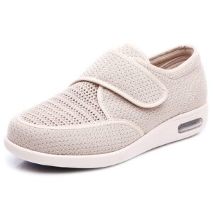 w&le-slippers womens breathable mesh air cushion walking shoes, wide width adjustable diabetic edema sneakers for elderly(9#, beige)