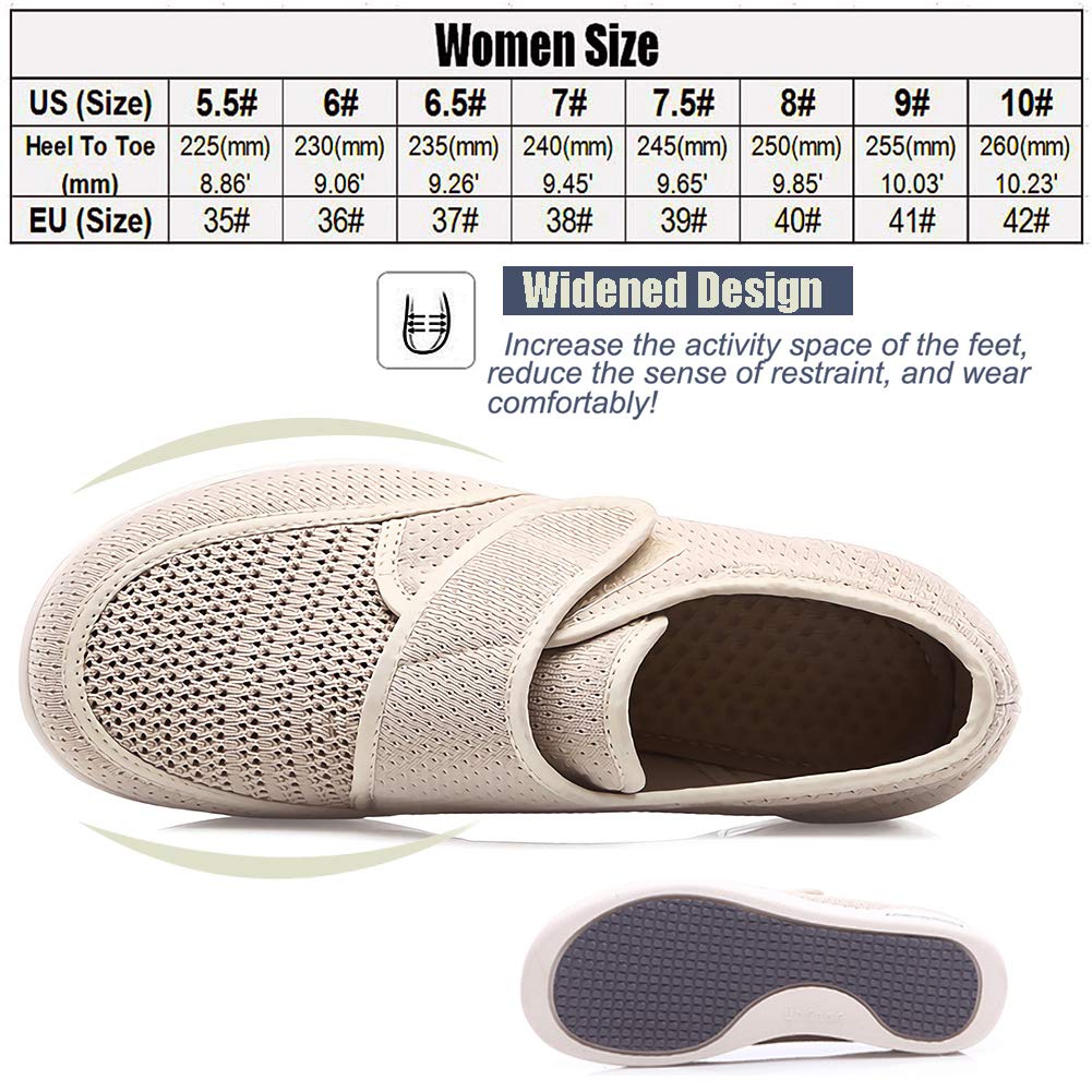 W&Le-Slippers Womens Breathable Mesh Air Cushion Walking Shoes, Wide Width Adjustable Diabetic Edema Sneakers for Elderly(9#, Beige)