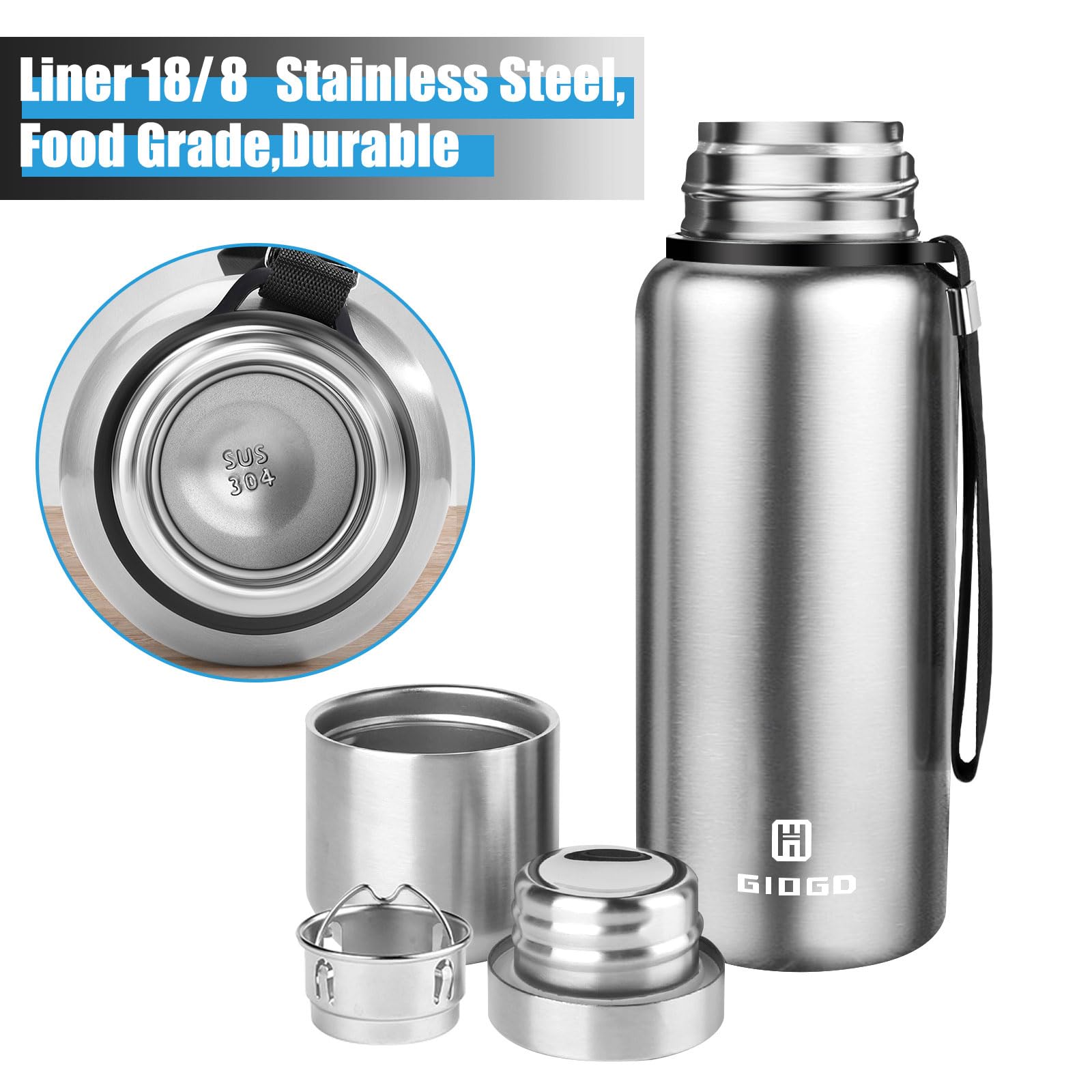 Insulated vacuum Thermo Bottle 500ml/16.9oz with cup Stainless steel coffee bottles for hot and cold drink water flask.(Silver,500ml)