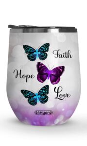 64hydro 12oz faith hope love butterfly faith christian gifts insulated wine tumbler with lid - stainless steel wine glass mug cup for travel, office, home - ablz2606009z