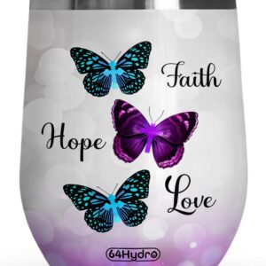 64HYDRO 12oz Faith Hope Love Butterfly Faith Christian Gifts Insulated Wine Tumbler With Lid - Stainless Steel Wine Glass Mug Cup For Travel, Office, Home - ABLZ2606009Z