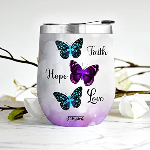 64HYDRO 12oz Faith Hope Love Butterfly Faith Christian Gifts Insulated Wine Tumbler With Lid - Stainless Steel Wine Glass Mug Cup For Travel, Office, Home - ABLZ2606009Z