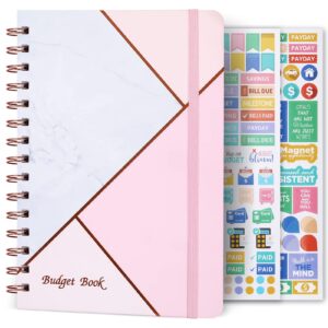 budget planner book, 12 monthly financial organizer, 6" x 8.2", planner organizer with expense tracker undated accounts book, account book with pocket, stickers - pink marble