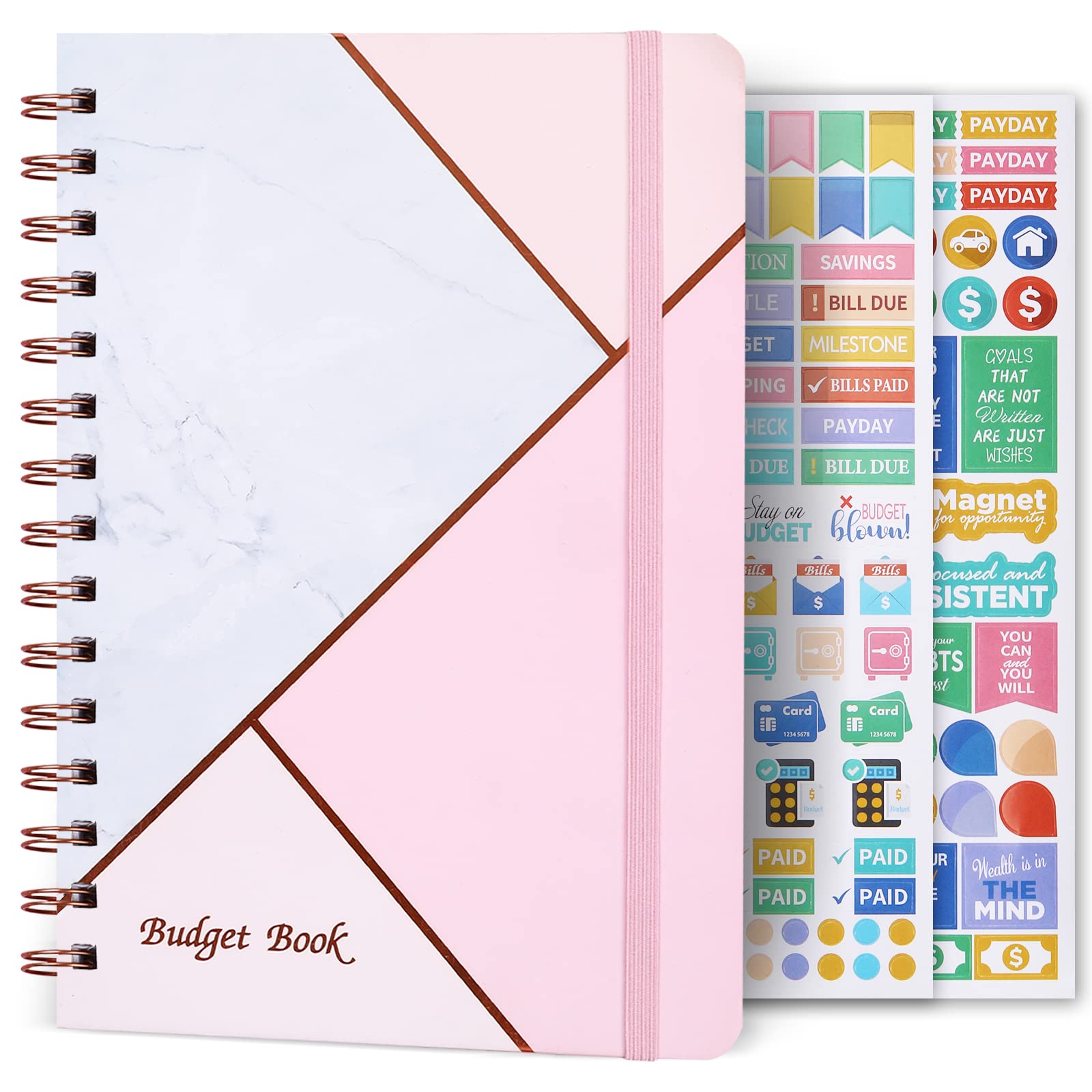 Budget Planner Book, 12 Monthly Financial Organizer, 6" x 8.2", Planner Organizer with Expense Tracker Undated Accounts Book, Account Book with Pocket, Stickers - Pink Marble