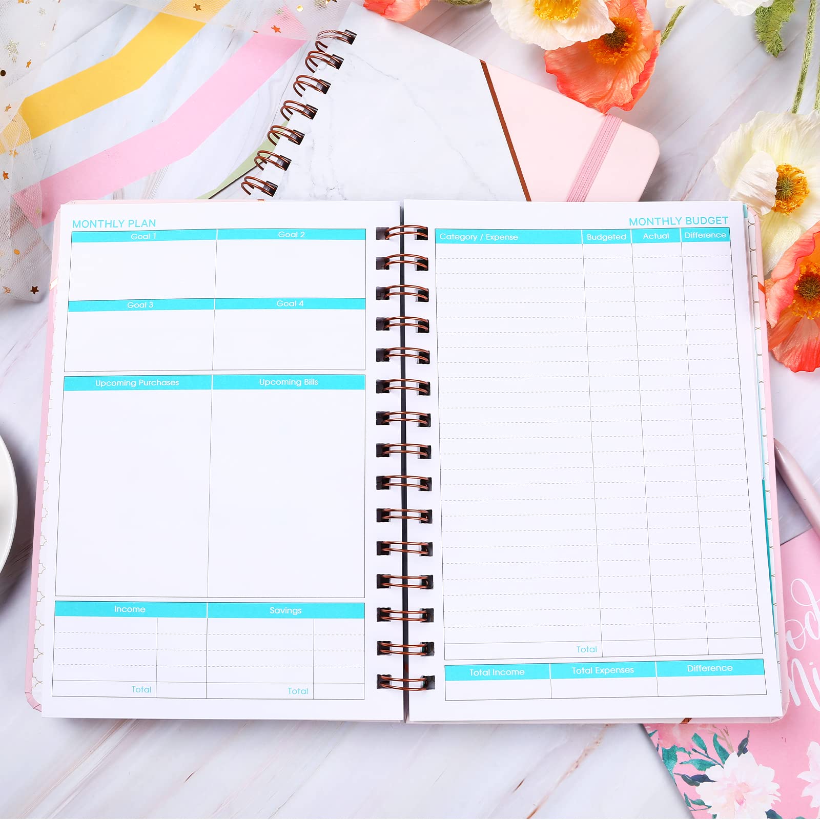 Budget Planner Book, 12 Monthly Financial Organizer, 6" x 8.2", Planner Organizer with Expense Tracker Undated Accounts Book, Account Book with Pocket, Stickers - Pink Marble