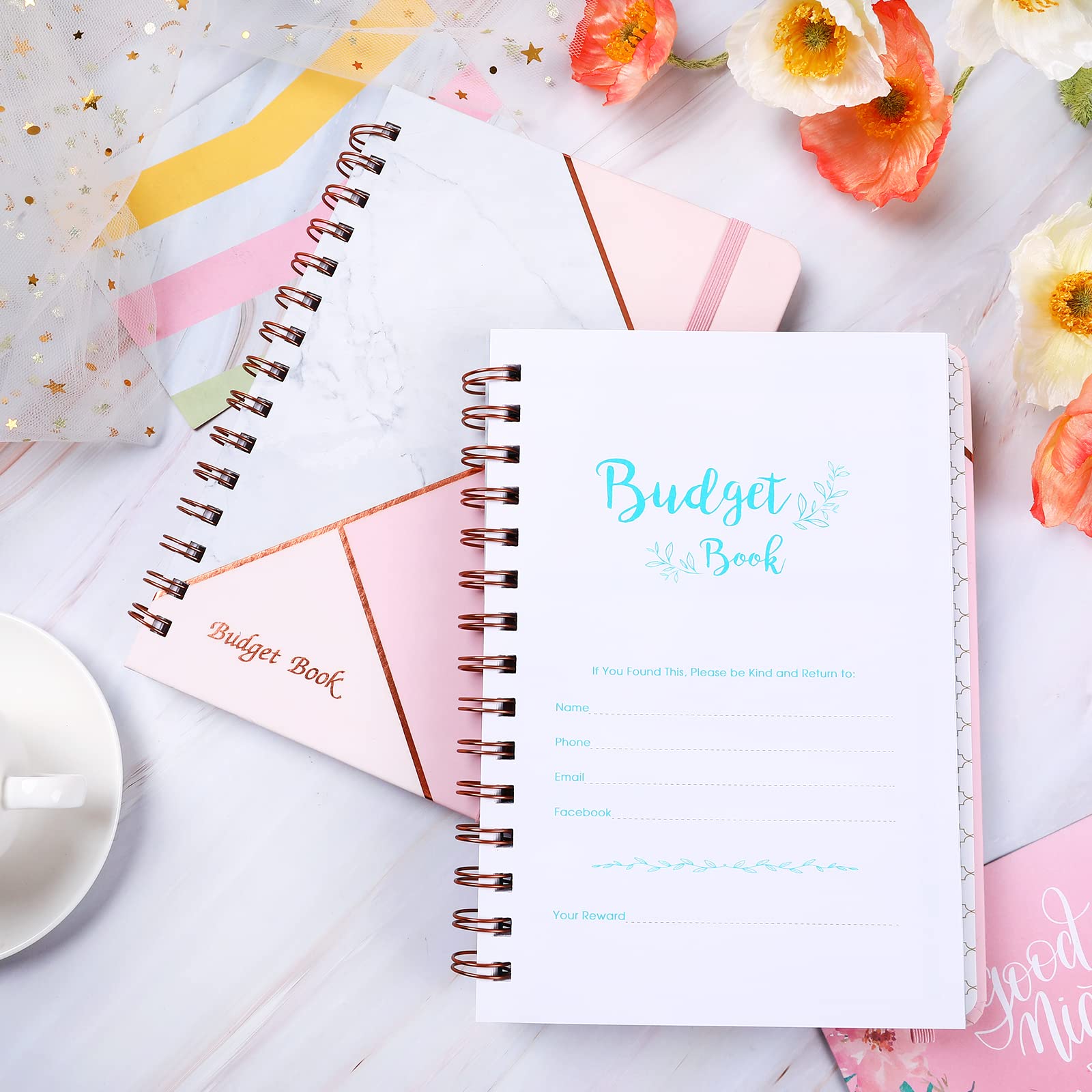 Budget Planner Book, 12 Monthly Financial Organizer, 6" x 8.2", Planner Organizer with Expense Tracker Undated Accounts Book, Account Book with Pocket, Stickers - Pink Marble