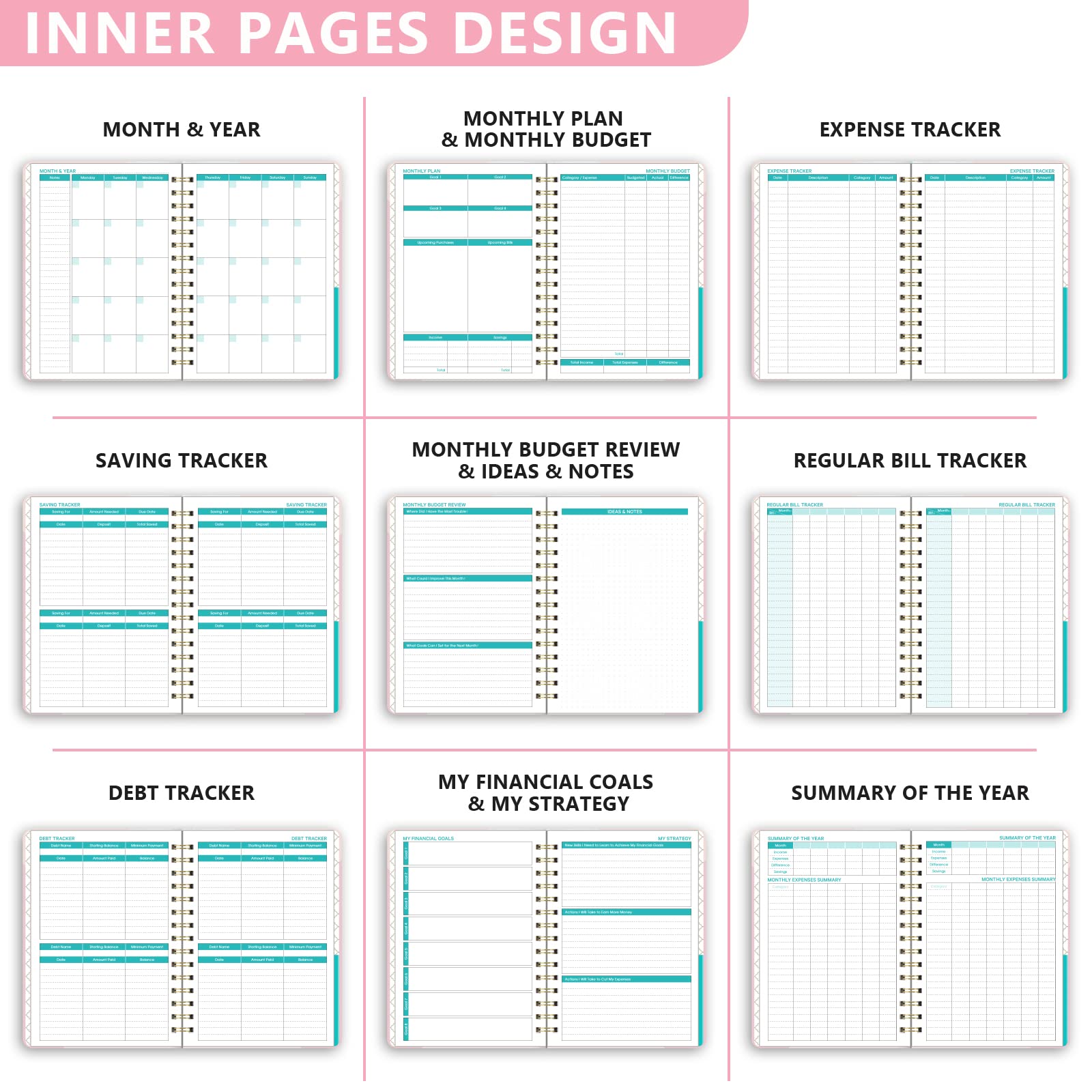 Budget Planner Book, 12 Monthly Financial Organizer, 6" x 8.2", Planner Organizer with Expense Tracker Undated Accounts Book, Account Book with Pocket, Stickers - Pink Marble