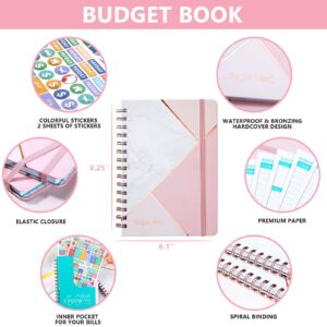 Budget Planner Book, 12 Monthly Financial Organizer, 6" x 8.2", Planner Organizer with Expense Tracker Undated Accounts Book, Account Book with Pocket, Stickers - Pink Marble