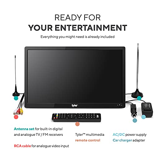 Tyler 16" Portable TV LCD Monitor Battery Powered Wireless Capability HD-TV, HDMI, USB, RCA, AC/DC, FM Radio, Car Charger, Remote Control, Built in Stand Small Mini for Car & Traveling