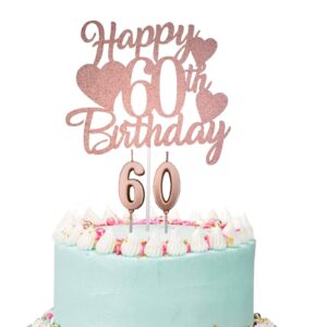 happy 60th birthday cake topper, rose gold glittery 60th birthday cake topper for women, 60th birthday candles, 60 fabulous cake topper with number 60 candles for women lady 60th birthday decorations