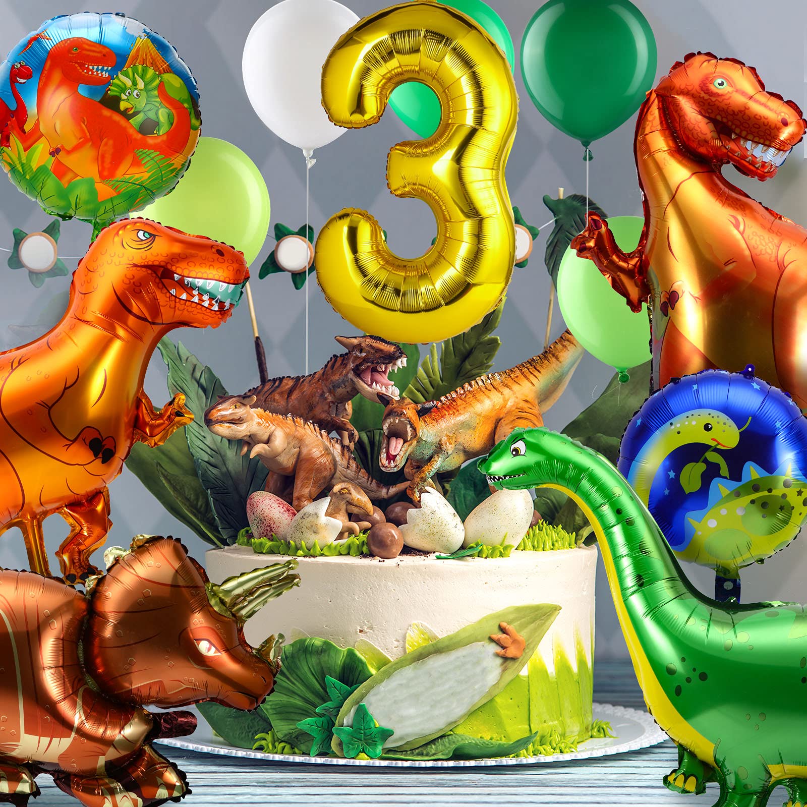 17 Pieces Dinosaur Balloons Dinosaur Party Balloons Dino Foil Aluminum Helium Balloons Giant Dinosaur Party Supplies for Birthday Baby Shower Jungle Theme Party Decorations (3rd Birthday)