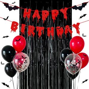 red glittery happy birthday halloween banner black foil curtains backdrop 3d bat sticker and latex balloons confetti balloon for birthday party decorations scary party supplies