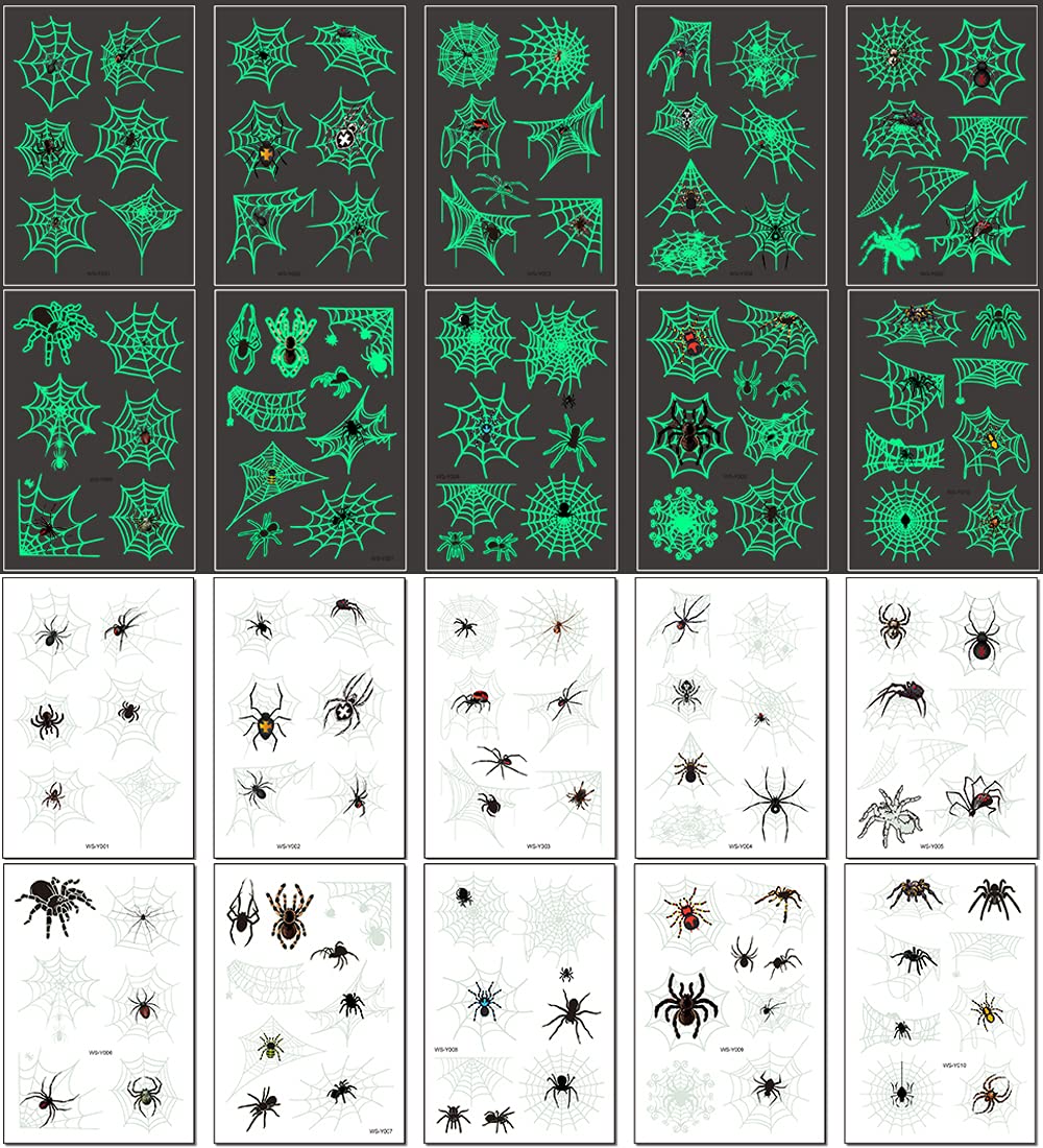 Temporary Tattoos for Kids, 73PCS Luminous Halloween Spider Web Glow in the Dark Fake Tattoos, Body Stickers Decorations, Halloween Cosplay Face Makeup Holiday Party Favors Gifts for Adults Spider