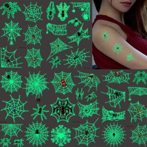 Temporary Tattoos for Kids, 73PCS Luminous Halloween Spider Web Glow in the Dark Fake Tattoos, Body Stickers Decorations, Halloween Cosplay Face Makeup Holiday Party Favors Gifts for Adults Spider